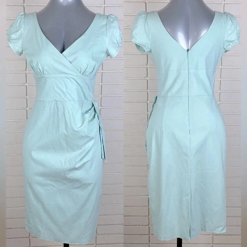 Turquoise sage maximalist  bodycon v neck sleeveless faux wrap midi dress Medium